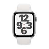Refurbished Apple Watch SE 2020 with 40mm silver aluminum case and white sport band.