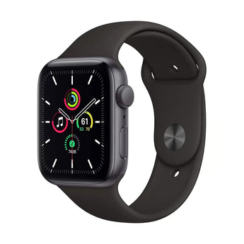 Refurbished Apple Watch SE 2020 with 40mm Space Gray Aluminium Case and Black Sport Band.