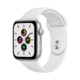 Refurbished Apple Watch SE 2020, 44mm Silver Aluminum Case, White Sport Band.