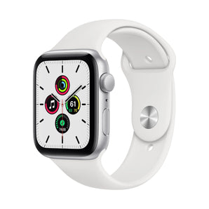 Refurbished Apple Watch SE 2020, 44mm Silver Aluminum Case, White Sport Band.