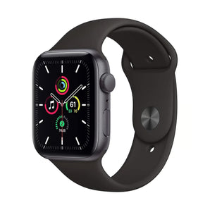 Refurbished Apple Watch SE (2020) 44mm Space Gray Aluminium with Black Sport Band.
