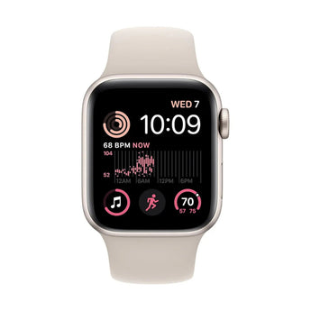 Refurbished Apple Watch SE 2022 with 40mm Starlight Aluminium Case and White Sport Band.