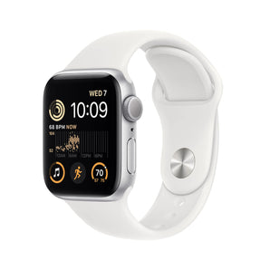 Refurbished Apple Watch SE 2022 with 44mm Silver Aluminium Case and White Sport Band