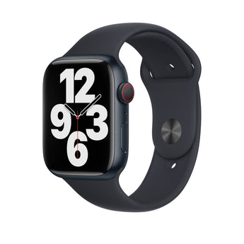 Refurbished Apple Watch Series 7 - 45mm midnight aluminium case with black sport band.