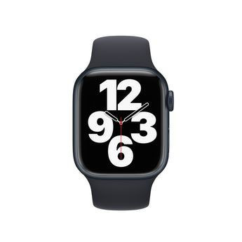 Refurbished Apple Watch Series 7 with 45mm midnight aluminum case and black sport band.