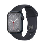 Refurbished Apple Watch Series 8 with 41mm midnight aluminum case and black sport band.