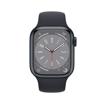 Refurbished Apple Watch Series 8 with 41mm midnight aluminum case and black sport band.