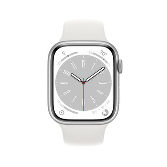 Refurbished Apple Watch Series 8 with 45mm silver aluminium case and white sport band.