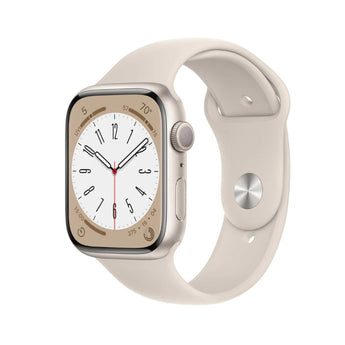 Refurbished Apple Watch Series 8 with 45mm starlight aluminum case and white sport band.