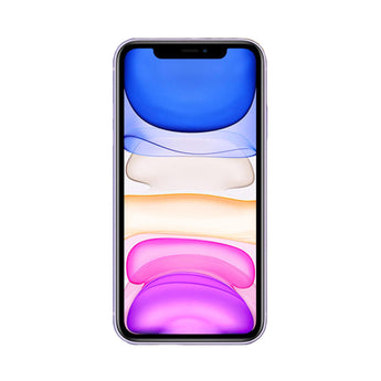 Refurbished iPhone 11 in purple with dual-camera system.