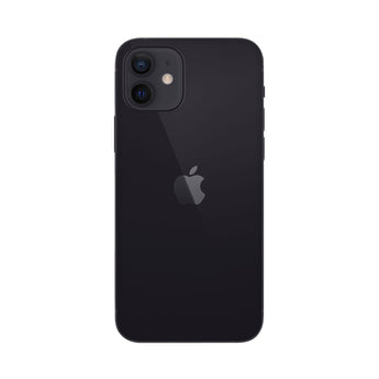 Refurbished iPhone 12 mini in black with Super Retina XDR display, compact design.