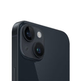 Refurbished iPhone 14 in Midnight featuring dual-camera HDR system.