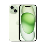 Refurbished iPhone 15 Green with 48MP dual-camera system and quality assurance.