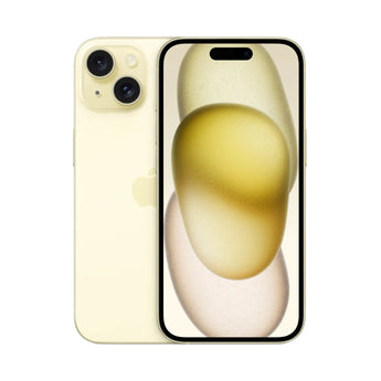 Refurbished iPhone 15 Yellow with dual-camera and Super Retina XDR display.