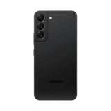Refurbished Samsung Galaxy S22+ in Phantom Black, back view showing triple camera setup.