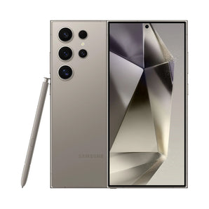 Refurbished Samsung Galaxy S24 Ultra in Titanium Gray, featuring a vibrant display and advanced functionalities, front view.